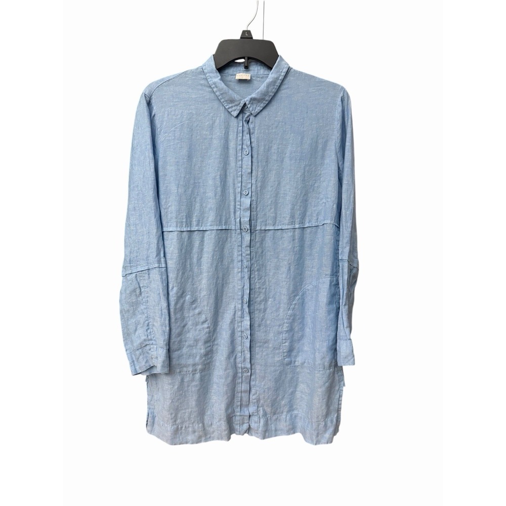 Poetry Tunic Womens 8 Blue 100% Linen Pleated Coastal Grandma Minimalist DD15-4